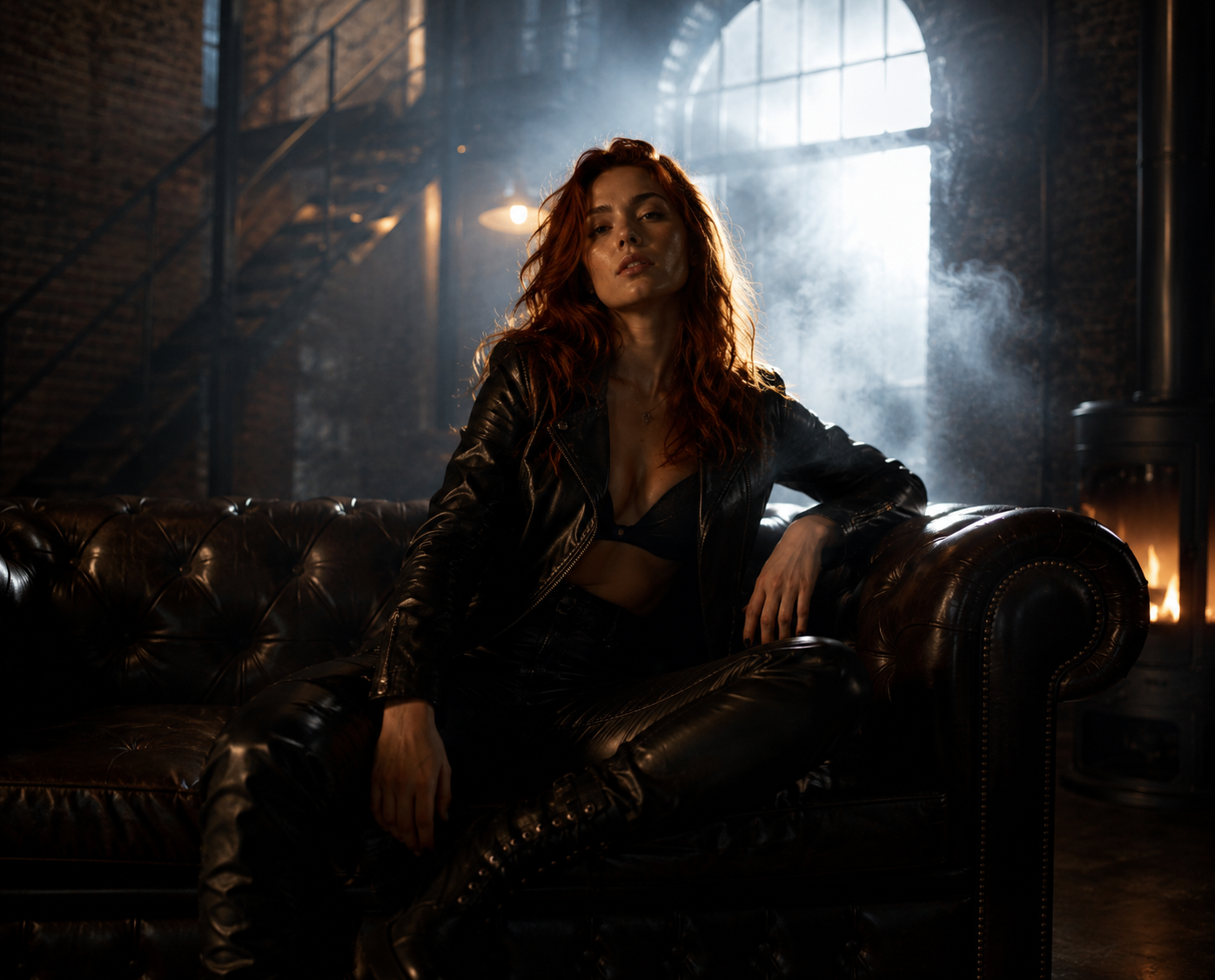 Model auf Chesterfield-Sofa mit Kantenlicht