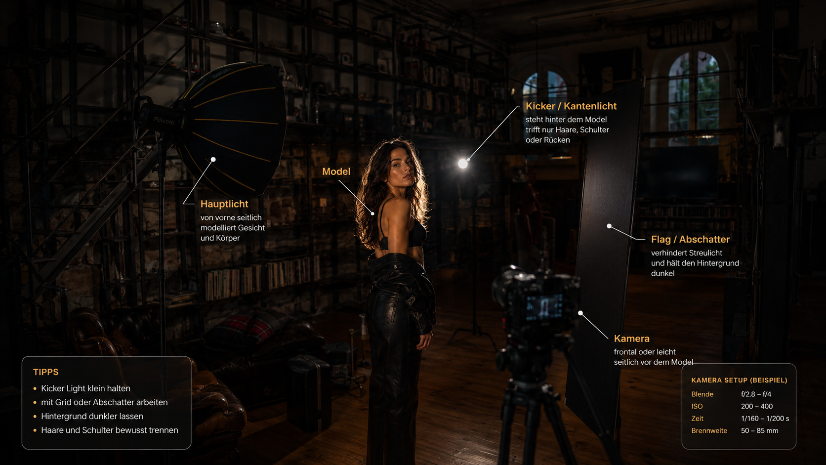 Setup für Kantenlicht mit Hauptlicht, Kicker Light, Flag, Kamera und Model im Black Steel Loft