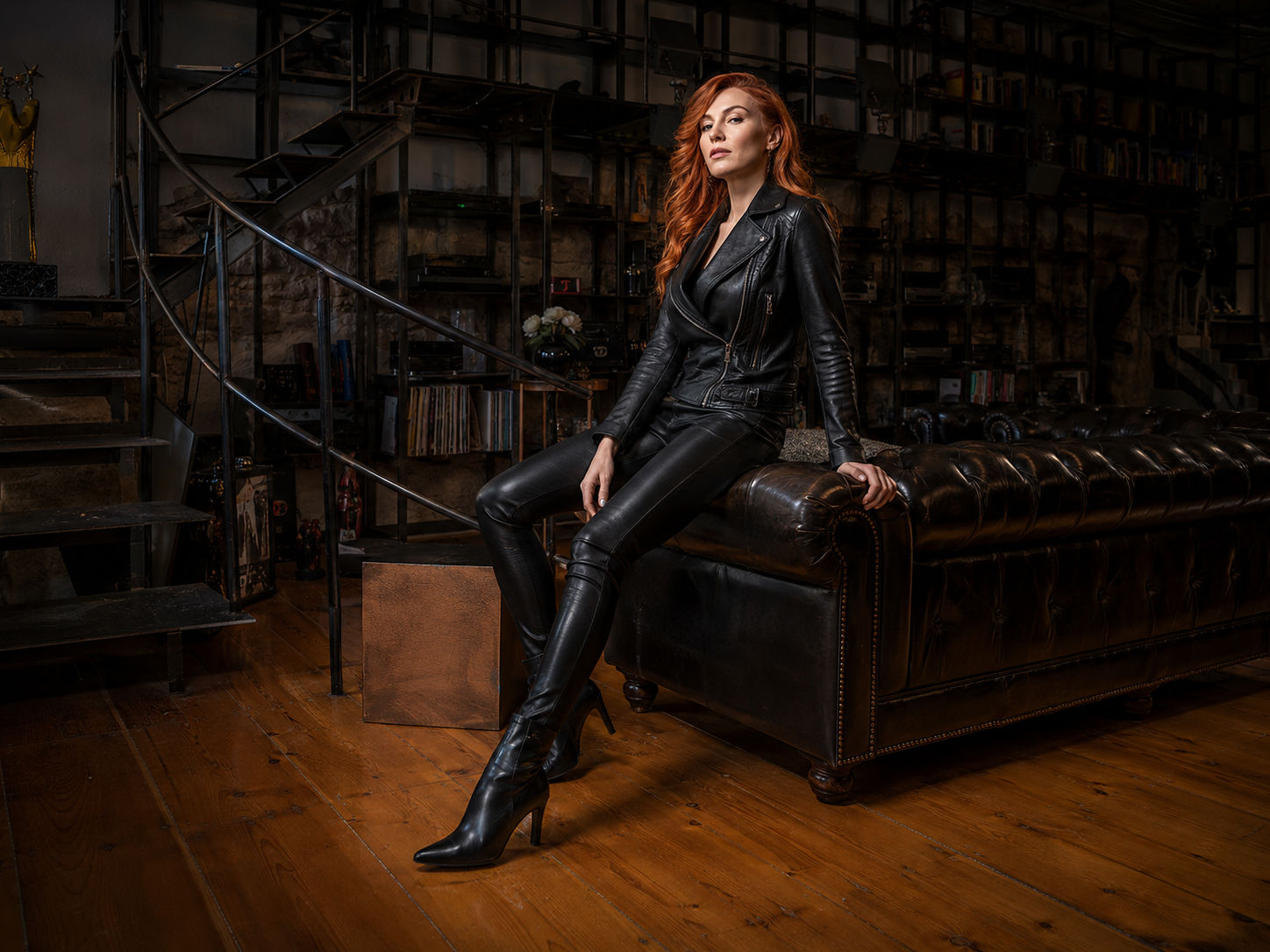 Editorial-Look mit schwarzem Leder auf Chesterfield-Sofa im Black Steel Loft