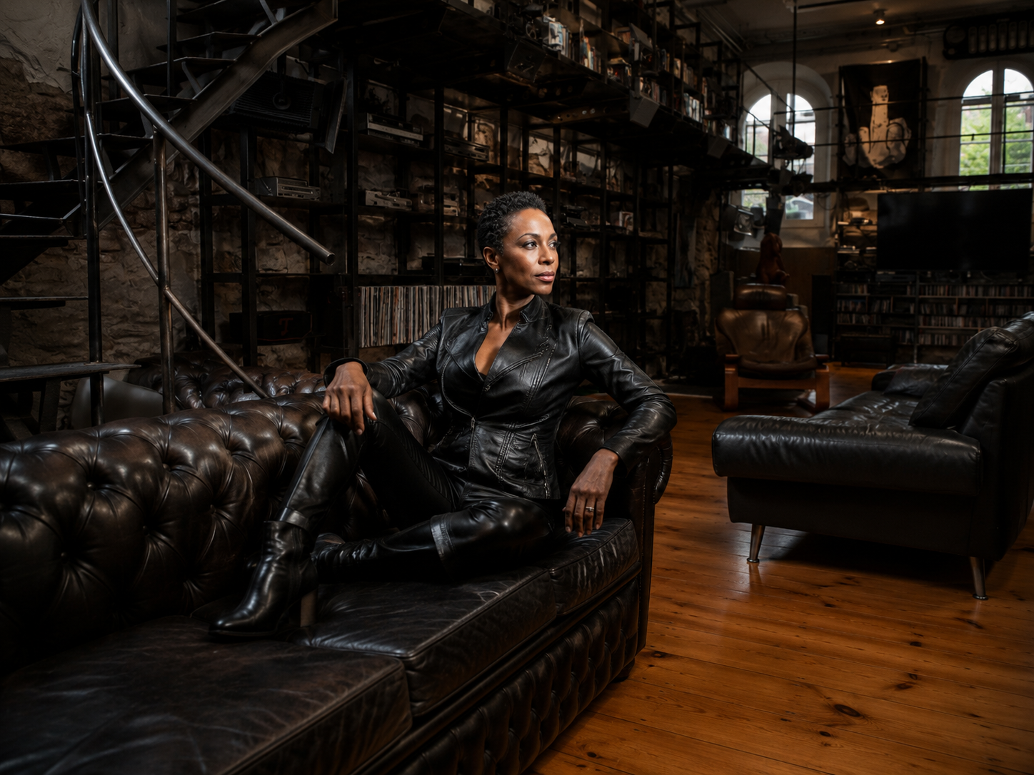 Weites Low-Key Sofa-Portrait im dunklen Loft