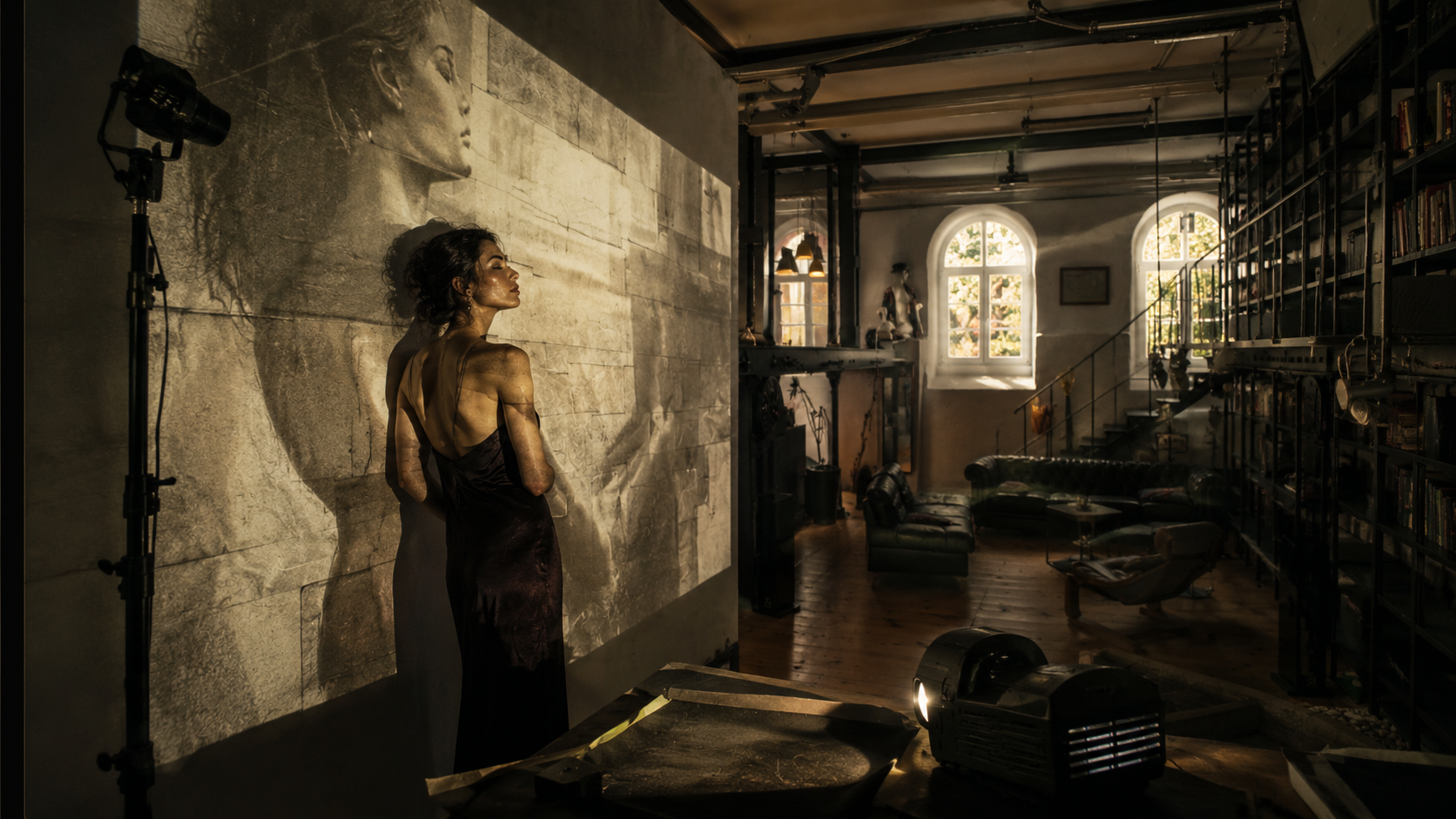Projektionslook mit Wand, Model und Loft-Hintergrund