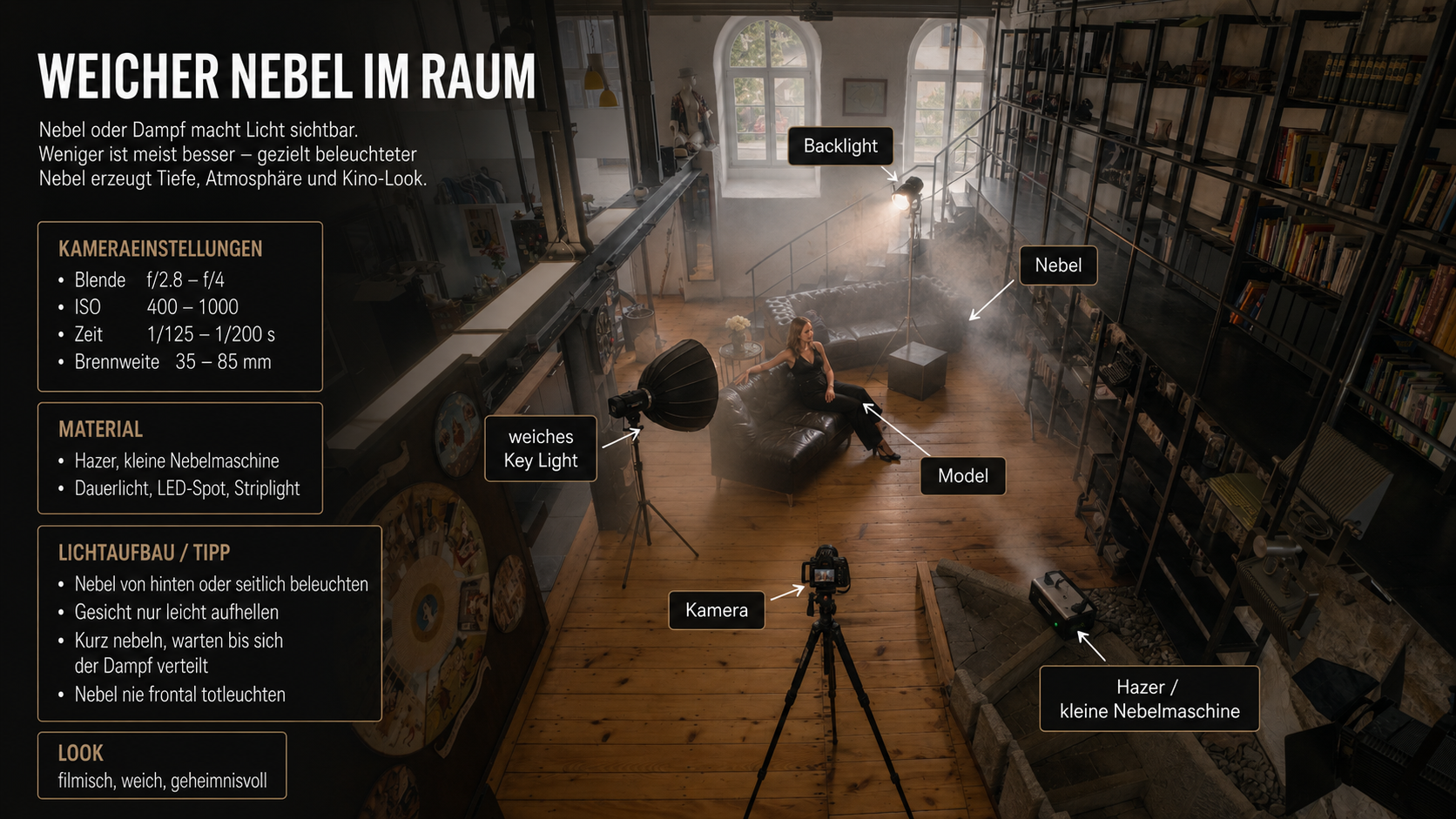 Setup für weichen Nebel im Raum mit Backlight, Key Light, Kamera und Hazer im Black Steel Loft