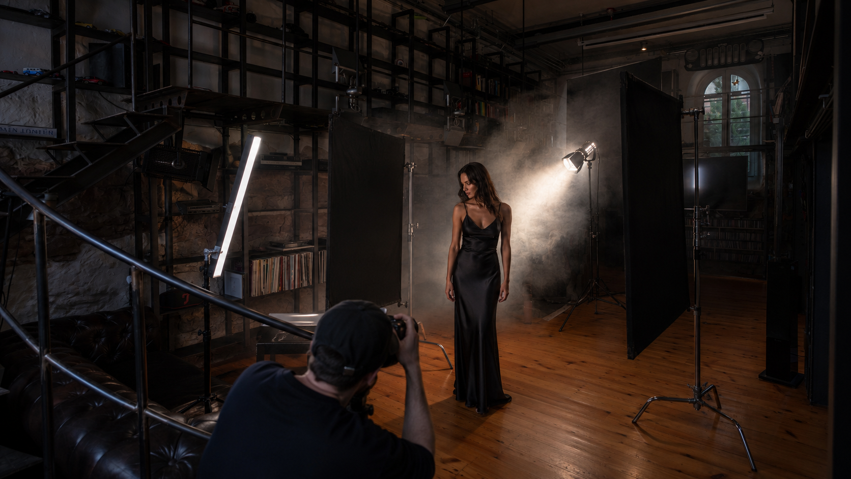 Low-Key Setup mit Rauch, Striplight, Flags und Model im Black Steel Loft