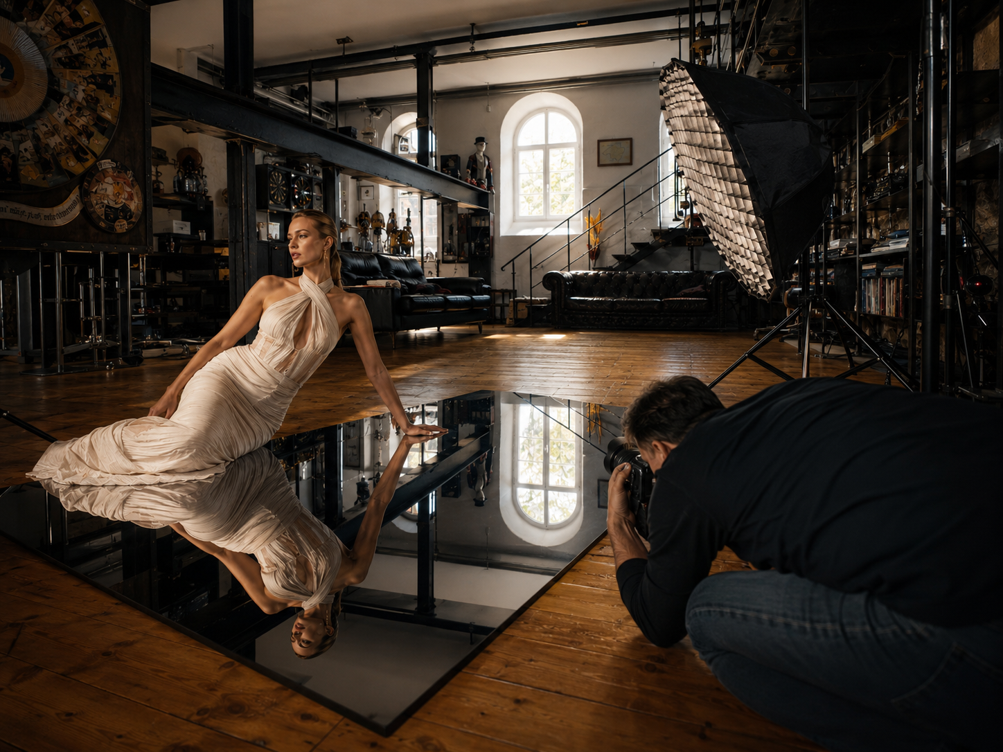 Model auf schwarzer Spiegelplatte mit Fotograf und Lichtaufbau