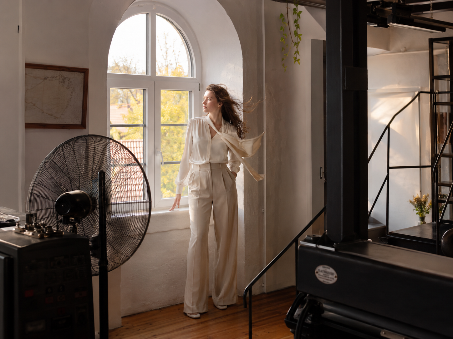 Realistischer Aufbau im Black Steel Loft mit Ventilator, Softbox, Kamera und Model